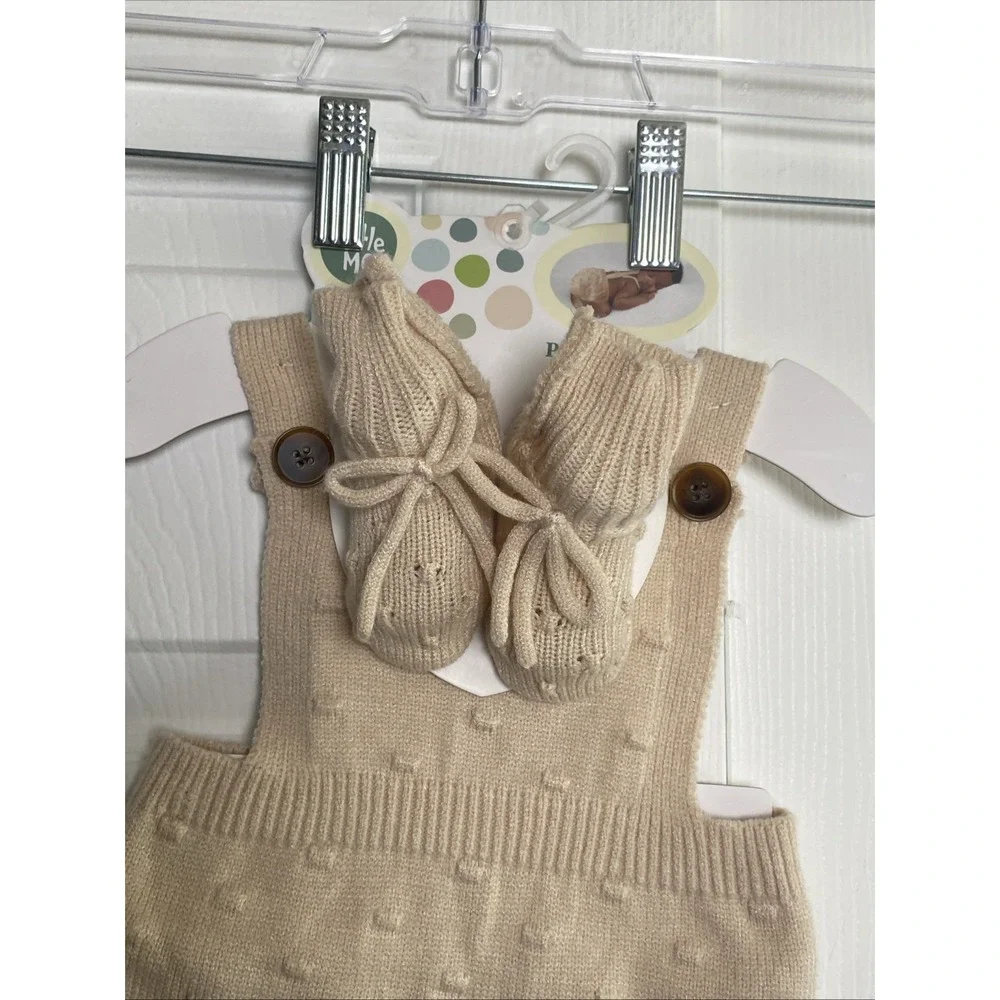 Little Me Photo Op Tan Knit‎ 0-6mo Jumper And Shoes Set New Swiss Dot